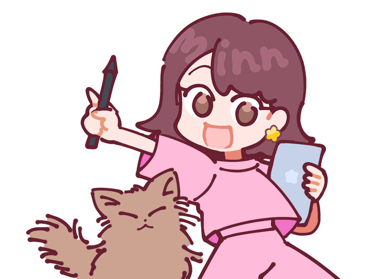 ペンとタブレットを持つ花重ミンと猫のイラスト